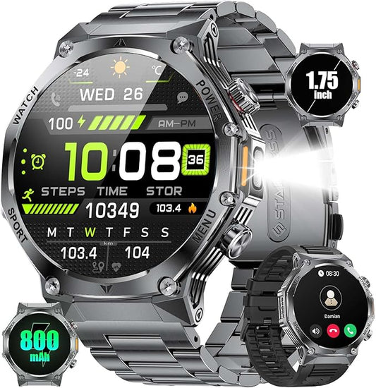 SUNKTA EF15 Military Smart Watch for Men - LED Flashlight, 1.75" HD Fitness Tracker Watch, 800mAh Long Battery Mens Smart Watches, 110+ Sport Mode/Pedometer/IP68 Waterproof Smartwatch for Android iOS