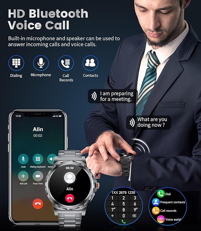 Military Smart Watch for Men(Answer/Dial Calls),1.46'' AMOLED Touchscreen/5ATM Waterproof/120+ Sports Modes Fitness Watch with Blood Pressure/Heart Rate/SpO2/Pedometer for Android iOS Smartwatch Black