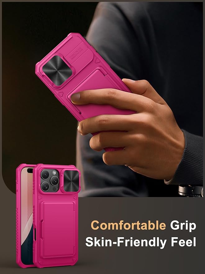 Vihibii for iPhone 16 Pro Max Case Wallet with Card Holder (4 Cards) [RFID Blocking] & Slide Camera Cover & Raised Edges Protect Screen, Shockproof Rugged Cover for iPhone 16 Pro Max, 6.9", Pink