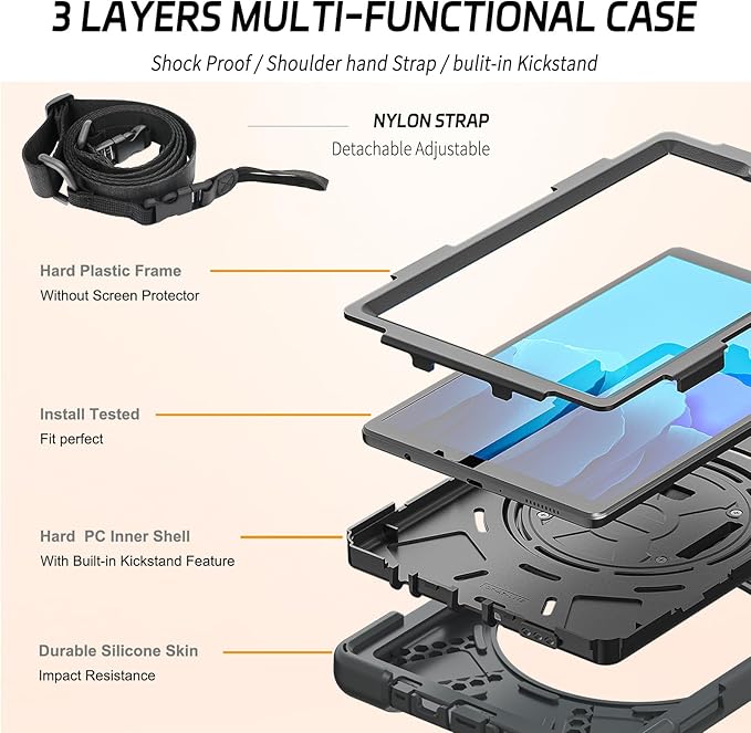 ZenRich Carrying Case for Samsung Galaxy Tab A7 Lite 2021 8.7'' SM-T220/T225/T227, Heavy Duty Rugged Full-Body Protective Case with [360 Rotating Stand] [Hand Strap][Shoulder Belt], Black