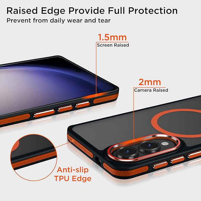 Case for Samsung Galaxy S25 Edge, Fits for Magsafe, Anti-Scratch Translucent Matte Cover [Non-Slip Grip], Color Hybrid Magnetic Phone Case for Galaxy S25 Edge, Drop Resistant (Black/Orange)