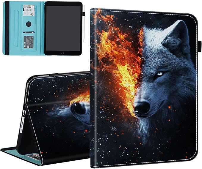 Case for Samsung Galaxy Tab A9 Plus/A9+ 5G 11 Inch 2023 Model (SM-X210/X216/X218),Card Slot PU Leather TPU Case Pen Holder Auto Wake Sleep,Wolf in The Fire