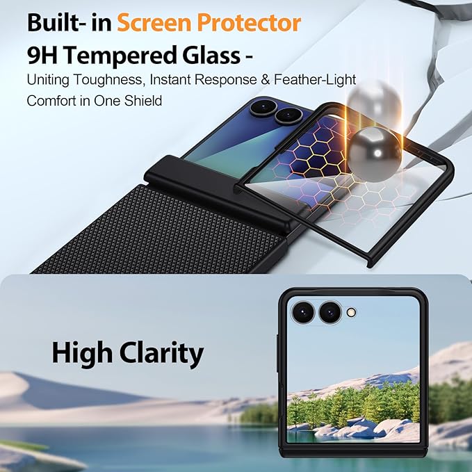 for Samsung Galaxy Z-Flip-7 Case: Non-slip Grip 3D Texture & Magnetic Hinge Protection, 9H Glass Screen Protector, TPU Shockproof Militray-Grade Protective Phone Cover for ZFlip 7 2025, Black