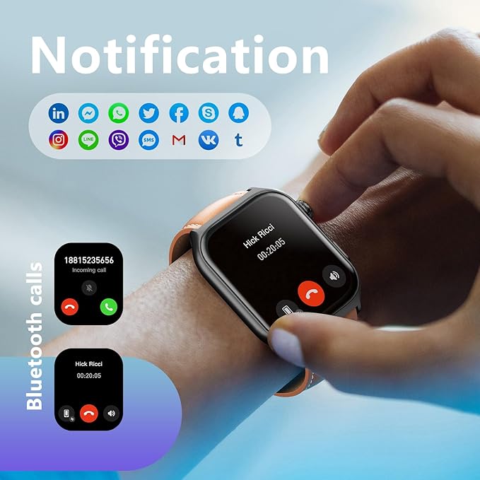 YMS Android Smart Watch for Women - Bluetooth Call,Compatible with Android & iOS，2.0" HD Screen, Heart Rate/Sleep/Step Tracker, 100+ Sports Modes,IP68 Waterproof Men Fitness Tracker (Brown(Leather))