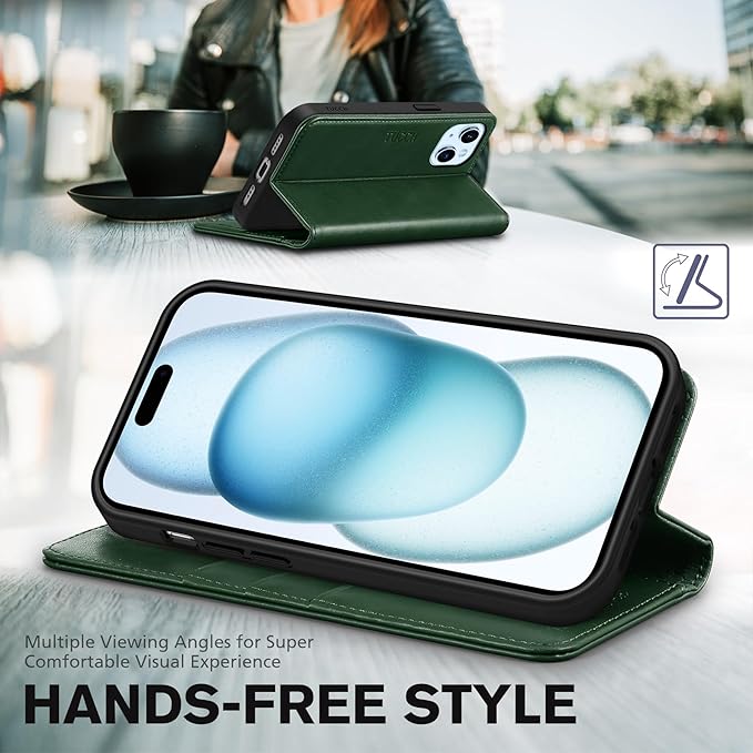 TUCCH Wallet Case for iPhone 15 6.1", Kickstand PU Leather Flip Folio Book Case with 3 Credit Card Holder RFID Blocking [Shockproof TPU Interior Case] Compatible with iPhone 15 5G 2023, Dark Green