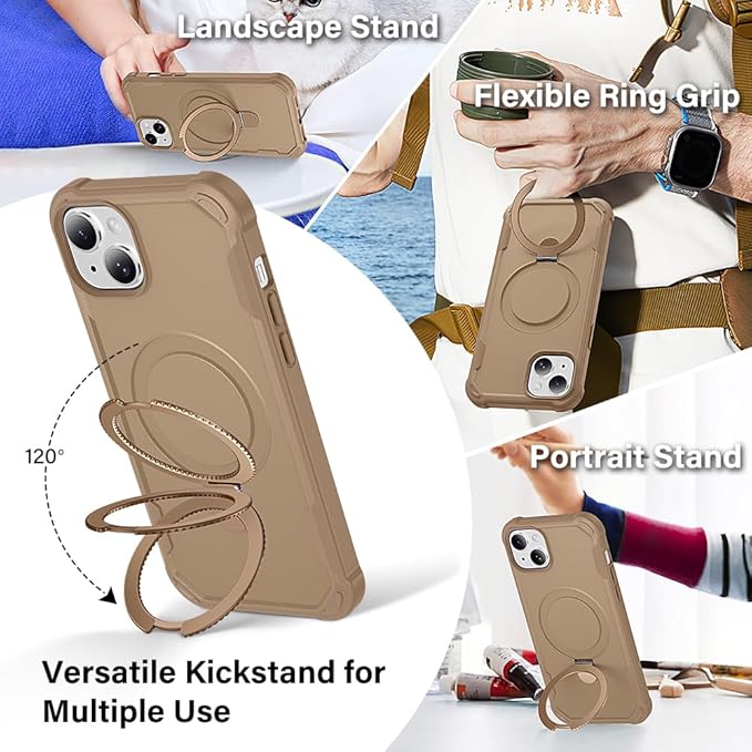 Designed for iPhone 15 Plus Case with Magnetic Stand [Military Drop Protection][Compatible with Magnet] Shockproof 15 Plus Phone Case with Ring Holder, Khaki