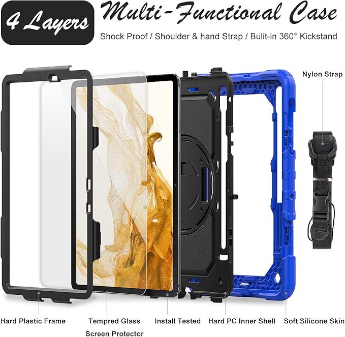 Case for Samsung Galaxy Tab S8/S7 11-inch 5G Tablet Case 2022/2020 [with Tempered Glass Screen Protector], 360° Rotating Kickstand/Hand & Shoulder Strap/S Pen Holder (Blue)