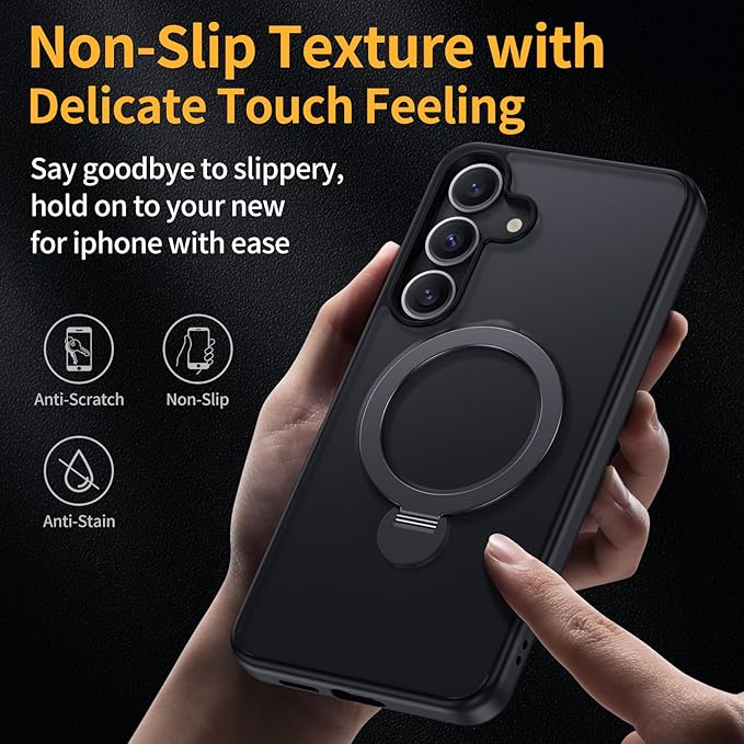 for Samsung Galaxy S25 Case,Compatible with Magsafe [Wireless Charging],with 360°Rotatable Magnetic Ring Stand Matte Translucent Slim Soft Edge Phone Kickstand,Black