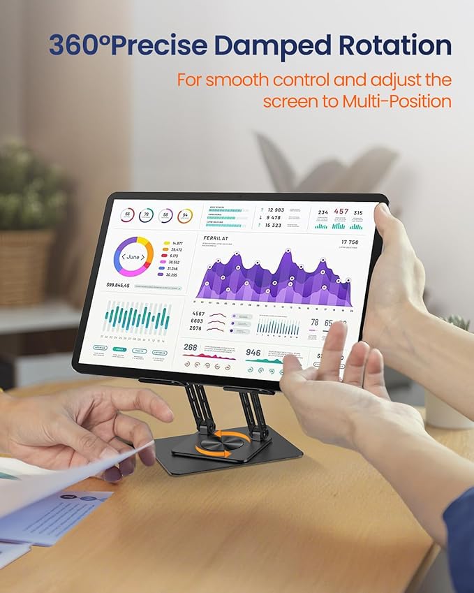 Tablet Stand Holder for Desk with 360° Rotating Base, Dual Rod Adjustable & Foldable Aluminum Stand for Home Office Compatible with 11’’-16’’ Tablets, Black