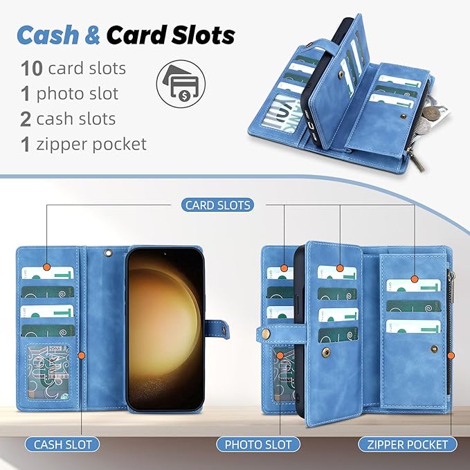 TwoHead for Samsung Galaxy S23 Plus Wallet Case with Card Holder,Detachable Magnetic Phone Case for Galaxy S23 Plus,PU Leather All-Round Protective Phone Cover Wallet with Strap(6.6 in,Sky Blue)