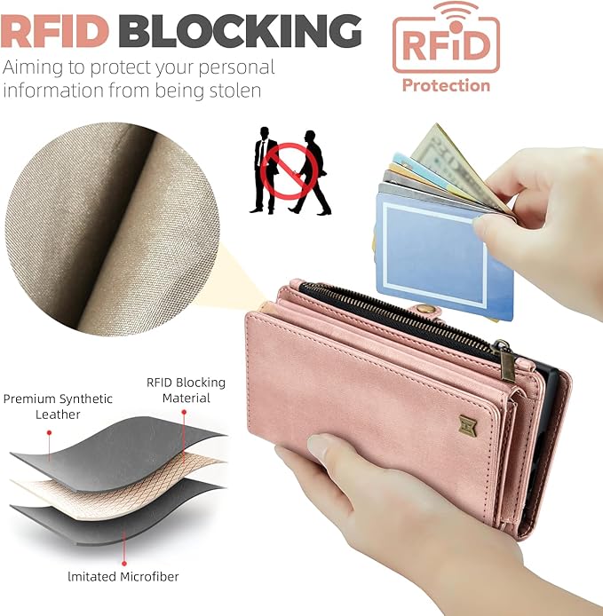 for iPhone 13 Pro Max Wallet Phone Case with 8 Card Holder,RFID Blocking | PU Leather | Kickstand | Flip | Wrist Strap&Shoulder Strap | Shockproof | Zipper Wallet | Women Men | 6.7" | Rose Gold