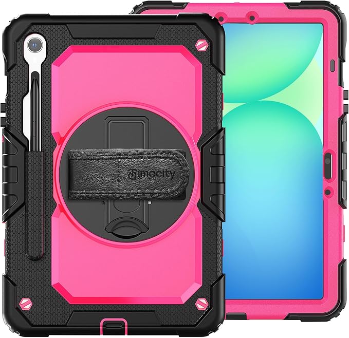 Timecity Case for Samsung Galaxy Tab S10 FE/ S9 FE 5G 10.9 Inch/ S9 11 Inch - Heavy Duty Protective Cover with Screen Protector, Rotating Stand, Shoulder Strap & S Pen Holder | Kids-Friendly, Rose