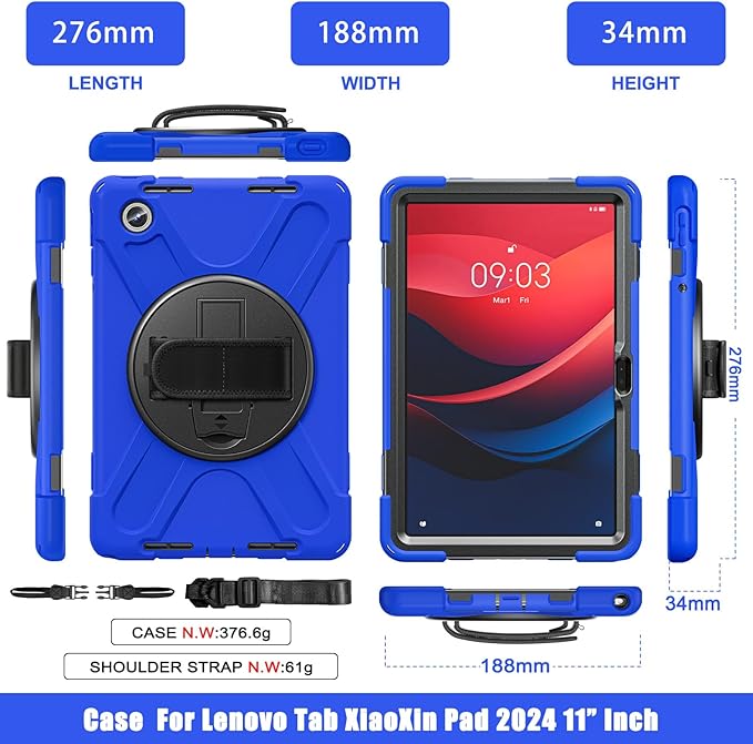 TSQQST Case for Lenovo Tab M11/ Tab K11 LTE 11" 2024 TB-330FU/TB330XU for Kids | Full Body Protection Case with Swivel Stand Hand Strap Shoulder Strap for Lenovo Xiaoxin Pad 2024 (TB331FC) | Blue