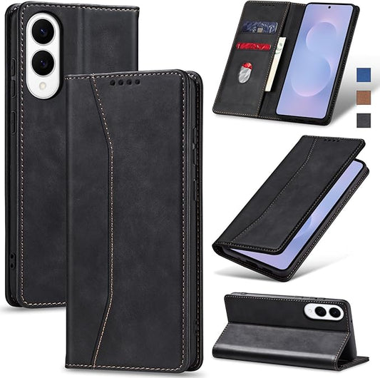 Jasonyu Flip Wallet Case for Samsung Galaxy S25 Edge 5G,Leather Magnetic Folio Cover with Card Holder,Kickstand - TPU Shockproof Durable Protective Phone Case,Black
