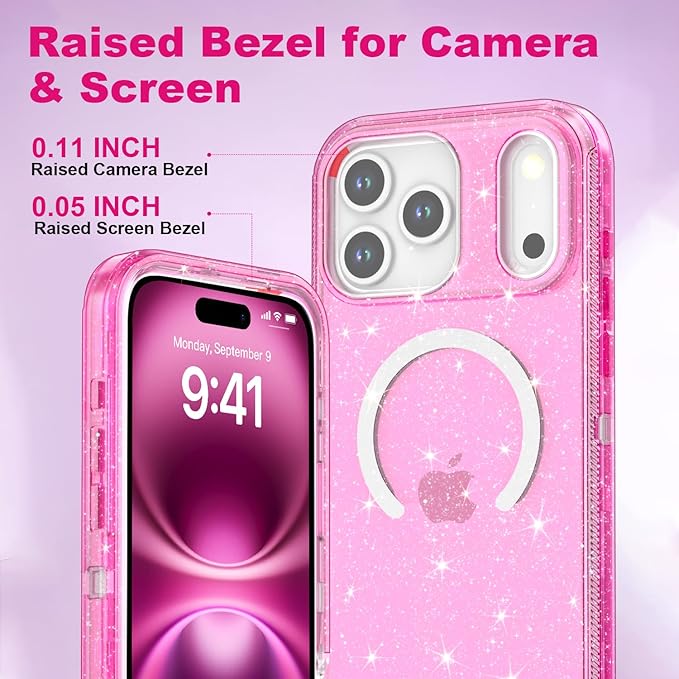 Designed for iPhone 17 Pro Case,[Compatible with Magsafe] [Non-Yellowing] [Without Screen Protector] Shockproof/Dust/Drop Proof 3-Layer Full Body Protection Rugged Heavy Duty Cover, Pink Glitter