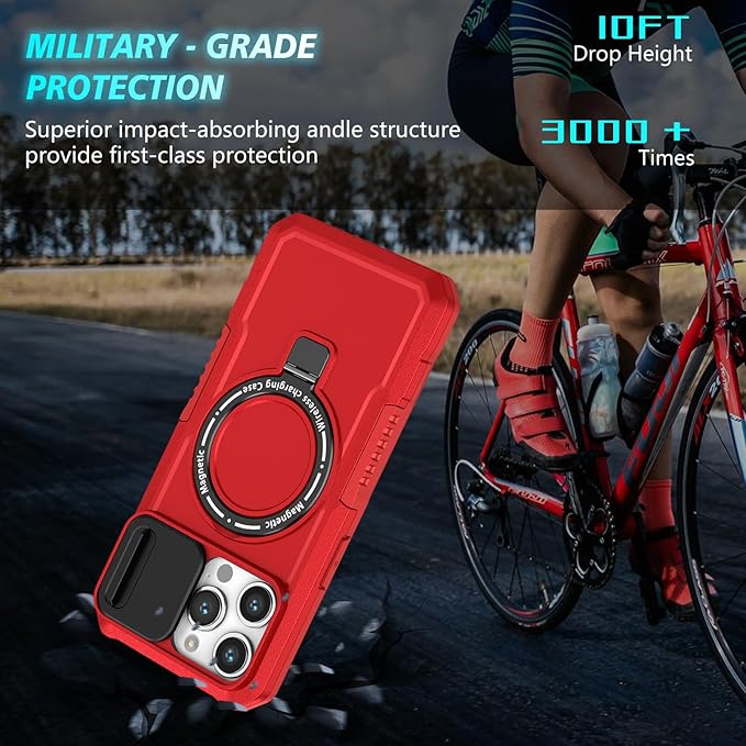 for iPhone 15 Pro Case Magnetic Compatible with MagSafe Wireless Charging,with 2 Screen Protector,Built-in Kickstand Ring,with Camera Cover Anti-Scratch Shockproof Heavy Duty Protection Red