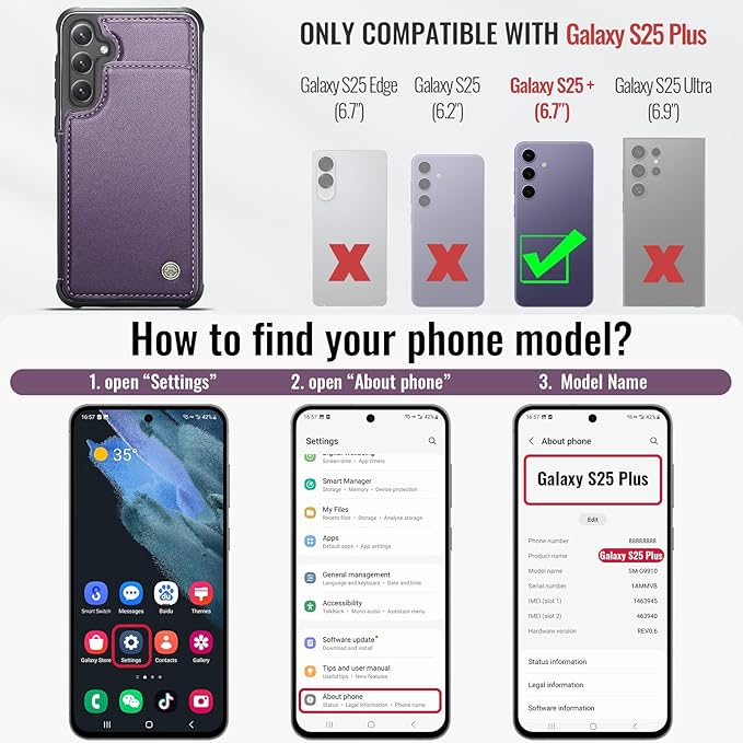 Vinich for Samsung Galaxy S25 Plus Wallet Case with Card Holder, RFID Blocking Credit Slots Kickstand Shockproof Phone Cover for Women Men, Purple