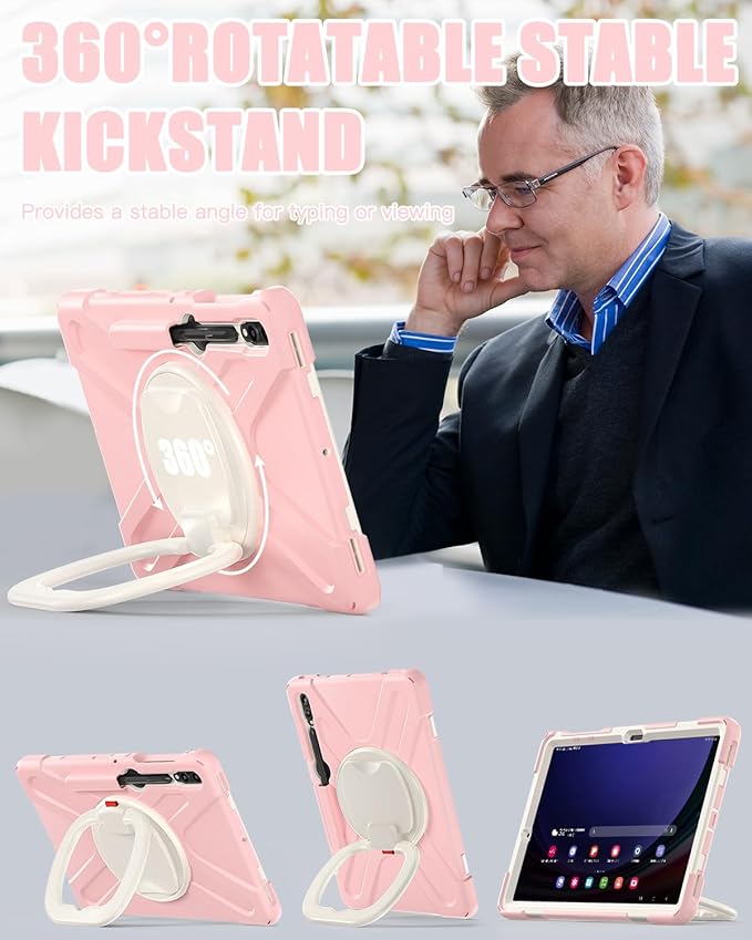 BRAECN Case for Samsung Galaxy Tab S10+/S9 FE+/S9+ 12.4” 2024, Rugged Silicone Cover with Shoulder Strap/S Pen Holder/Screen Protector/Kickstand/Handle Grip for Tab S9+/S8+/S7 FE/S7+, Sakura Pink