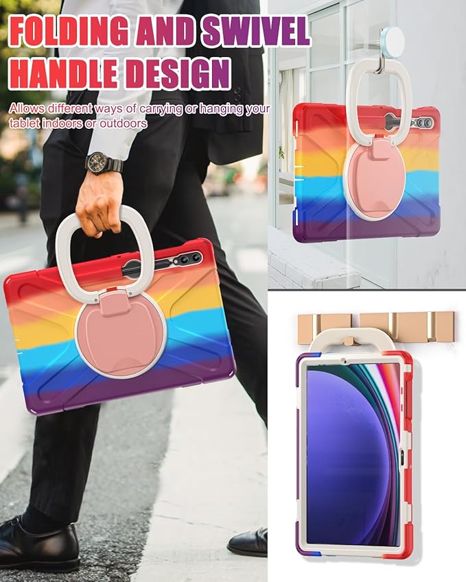 BRAECN Case for Samsung Galaxy Tab S10+/S9 FE+/S9+ 12.4” SM-X820/X610, Heavy Duty Silicone Cover w/Screen Protector/S Pen Holder/Kickstand/Shoulder Strap for Galaxy Tab S8+/S7 FE/S7+, Colorful Red