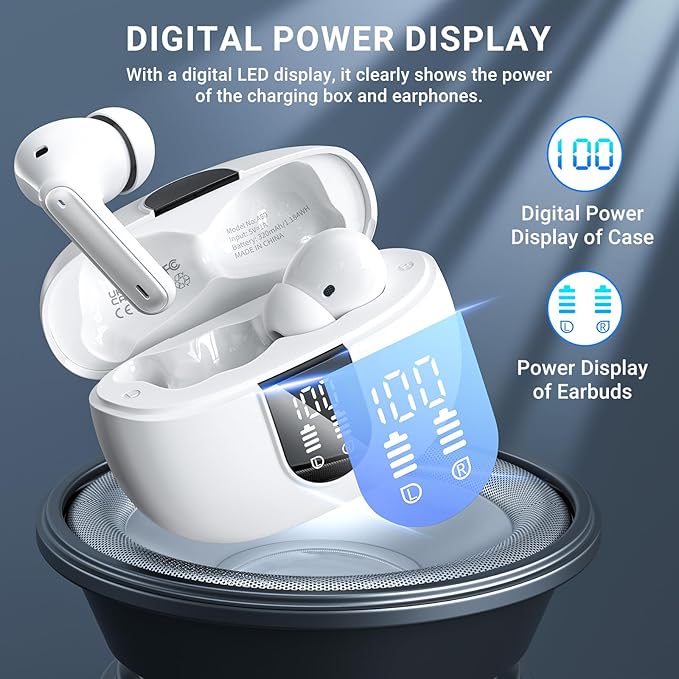 Wireless Earbuds, 2024 Wireless Headphones HiFi Stereo Earphones with 4 ENC Noise Canceling Mic, 42Hs Playtime In Ear Earbud, Bluetooth 5.3 Sport Earphones with LED Power Display for Android iOS White