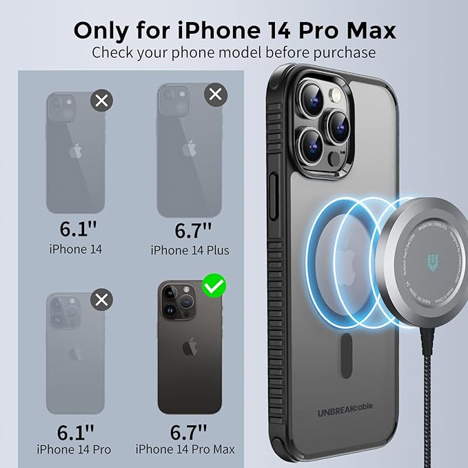 UNBREAKcable Magnetic Case for iPhone 14 Pro Max, [Compatible with MagSafe] [Military Grade Shockproof] [Non-Slip] Translucent Matte Back& Soft Silicone Airbag Bumper for Apple 6.7inch – Black