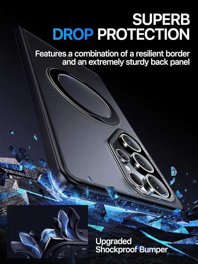 QTlier Phone case for Galaxy S24 Ultra& S25 Ultra- 360 Rotatable Magnetic Ring Stand, Military-Grade Protection, Raised Camera Frame (Black, S25 Ultra)