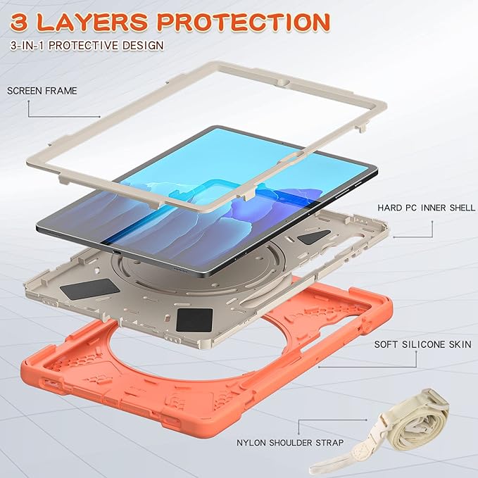 360 Rotation Portable Case for Galaxy Tab S8+/S7 FE/S7+ 12.4 Inch Case with S Pen Holder Rugged Case Rotating Stand Hand Strap Shoulder Carrying Strap Outdoor Cover (Orange)