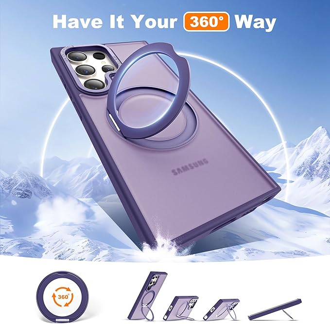 Compatible with Samsung Galaxy S24 Ultra Case with 360Rotatable Magnetic Ring Stand Compatible with Mag-Safe Military Protection Matte Translucent Phone Cases for S24 Ultra 6.8",Dark Purple