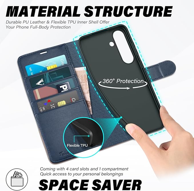 TUCCH Case Wallet for Galaxy S25 FE, PU Leather Magnetic Kickstand [RFID Blocking] 4 Card Slot Folio Flip Cover with [TPU Shockproof Interior Shell] (6.7") 2025, Blue & Brown
