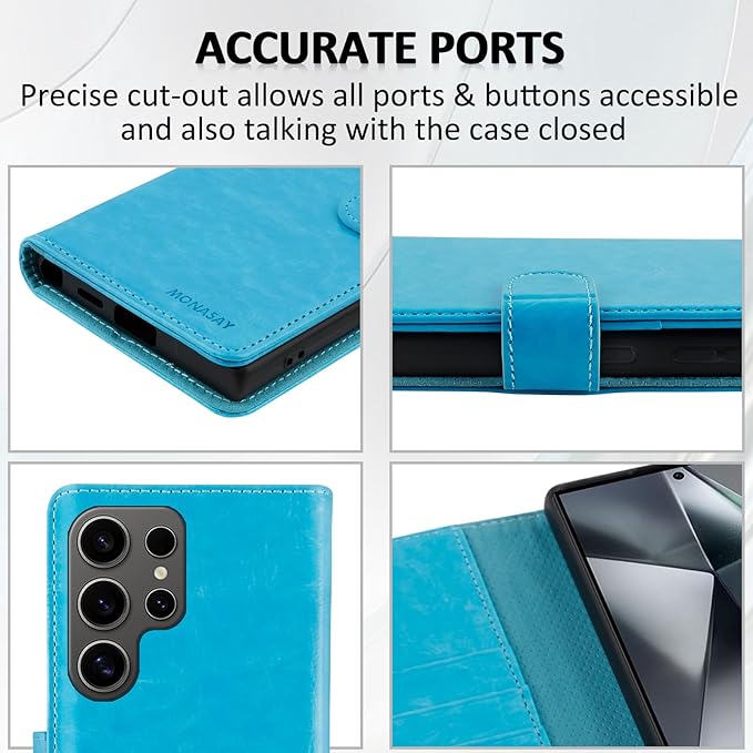 MONASAY Wallet Case Fit for Samsung Galaxy S24 Ultra 5G，[Lens & Glass Screen Protector] [RFID Blocking] Flip Folio Leather Cell Phone Cover with Credit Card Holder, 6.8 inch, Light Blue