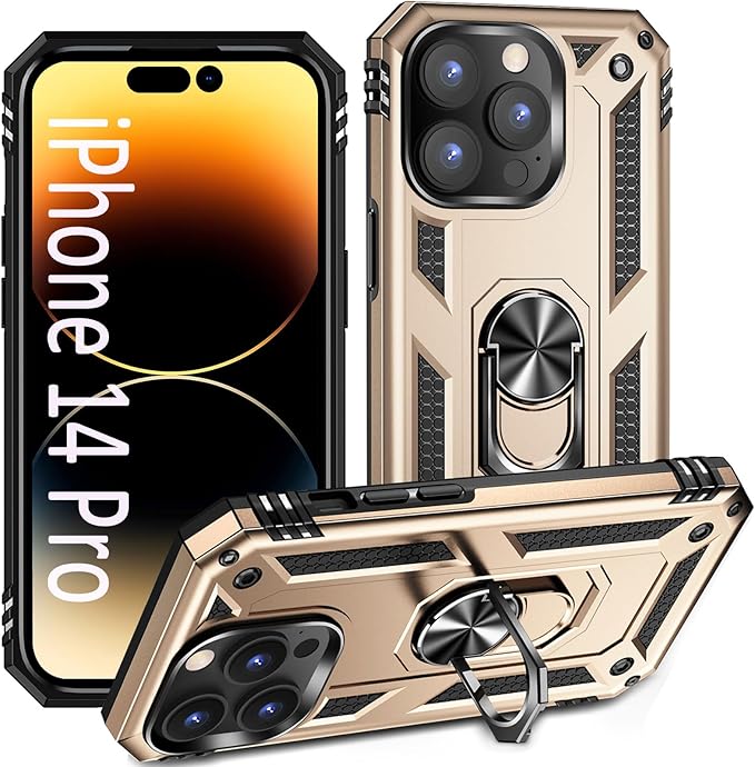 ADDIT Phone Case for iPhone 14 Pro Case,with Kickstand Ring,Adjustable Stand,Military Grade,Heavy Duty Protection,Shockproof,Anti-Fingerprint,Support Magnet Car Mount,Gold