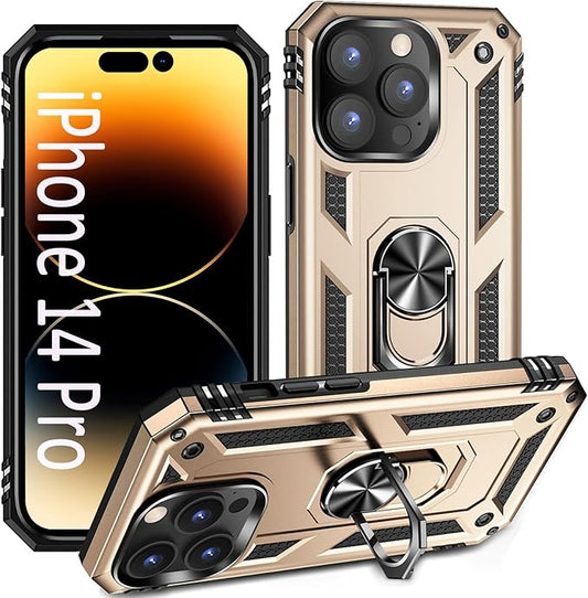 ADDIT Phone Case for iPhone 14 Pro Case,with Kickstand Ring,Adjustable Stand,Military Grade,Heavy Duty Protection,Shockproof,Anti-Fingerprint,Support Magnet Car Mount,Gold
