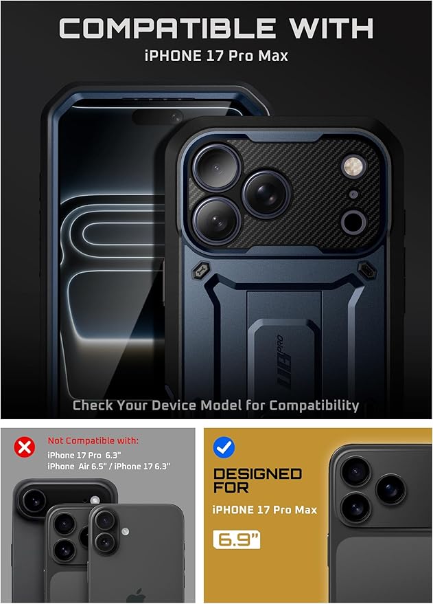 SUPCASE for iPhone 17 Pro Max Case with Camera Control Button (Unicorn Beetle Pro), [Built-in Kickstand & Screen Protector] [Military-Grade Protection] Full Body Heavy Duty Phone Case, Azure