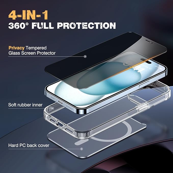 Diaclara Designed for iPhone 15 Plus Case with Magnetic Ring, [with Privacy Screen Protector] [Anti Spy] [Military Grade Drop Protection] Heavy Duty Full-Body Shockproof Phone Case, Clear