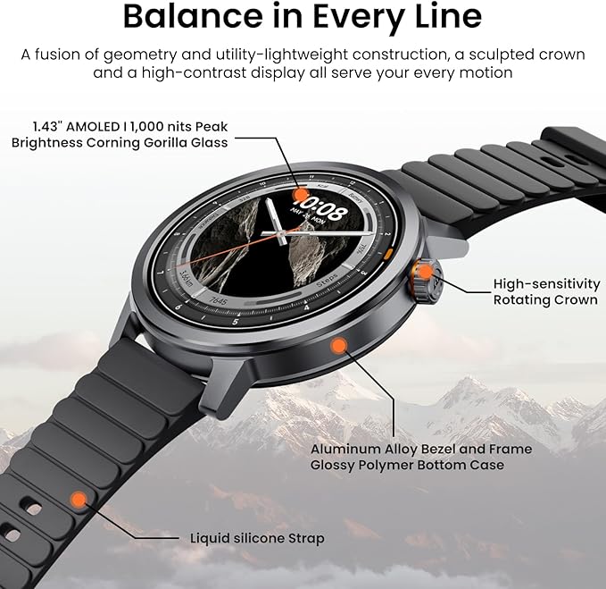 KOSPET Smart Watch for Men, 25 Days Battery, 1.43" AMOLED Smartwatch for iPhone&Android, IP68 Waterproof, 24/7 Heart Rate & Sleep Monitor, 170+ Sport Modes, Bluetooth Call (Answer/Make) Black