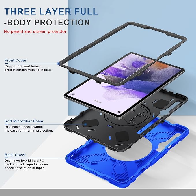 SUPFIVES Case for Samsung Galaxy Tab S7 FE 12.4 Inch 2021 : [Upgraded Military Grade] Full-Body Rugged Protective Soft Silicone Cover - Kick Stand- Handle/Shoulder Strap- S Pen Holder- Blue