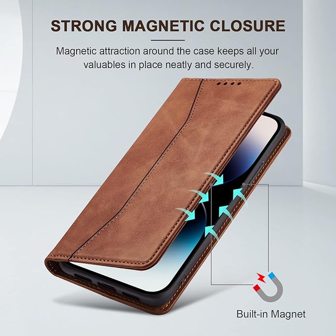 Jasonyu Flip Wallet Case for iPhone 14 Pro 5G,Leather Magnetic Folio Cover with Card Holder,Kickstand - TPU Shockproof Durable Protective Phone Case,Brown