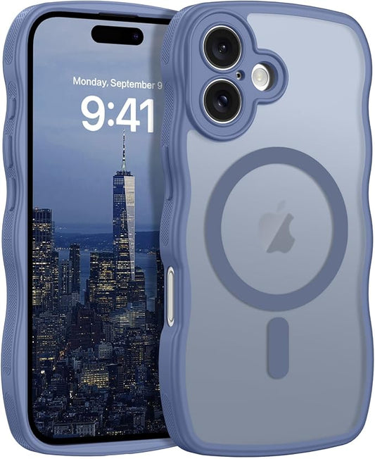 BENTOBEN for iPhone 16 Case Cute, Curly Wave iPhone16 Phone Case [Compatible with MagSafe], [Full Camera Protection] Slim Shockproof Translucent Matte 16 Magnetic Cover for Women Boys, Sierra Blue