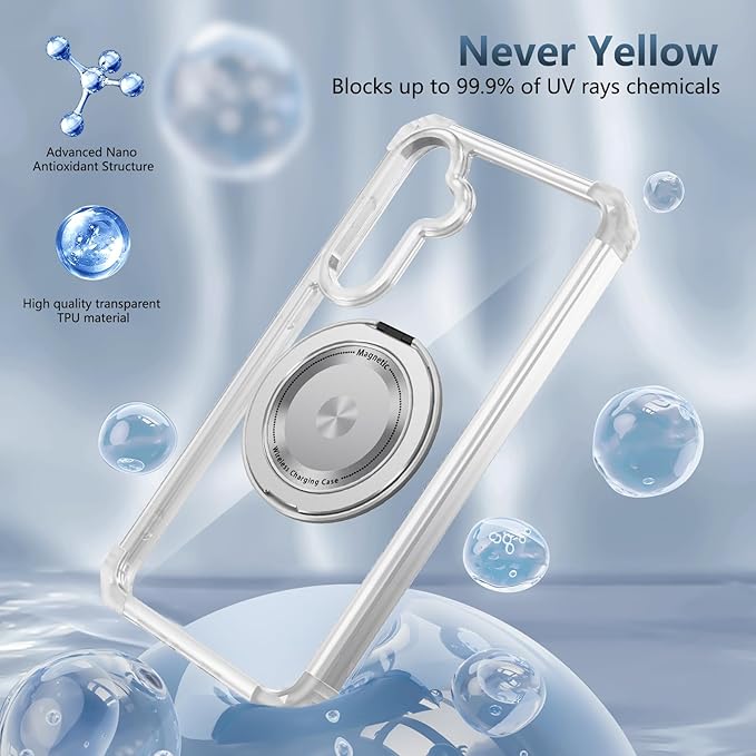 for Samsung Galaxy S24 Case Compatible Wireless Charging Magnetic,with Screen Protector,for S24Phone Case Built-in 360°Kickstand Ring Military Grade Drop Shockproof Heavy Duty Protection Clear