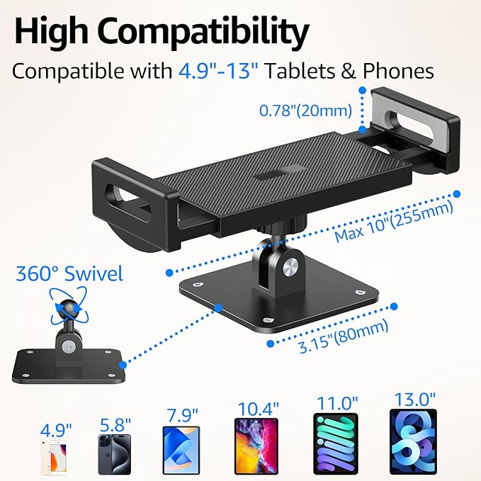 Urmust Universal Tablet Wall Mount Holder, 360° Adjustable, for 4.7-13" Devices, iPad, Galaxy Tab,Sturdy Aluminum Wall Phone Holder, ipad Wall Mount for Home, Office & Public Spaces