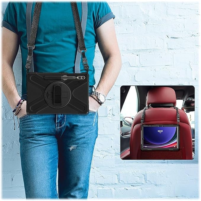 Sahara Defense-X Series Case for Samsung Galaxy Tab S10+, S9+, S9 FE+, S8+, Black, Rugged Shockproof Protective Cover with Hand Strap, Kickstand, Shoulder Strap, Hard Shell (TB00334)