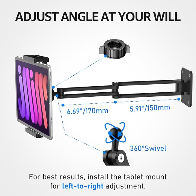 Urmust Tablet Wall Mount Holder for iPad, 360°Rotation Adjustable Tablet Stand Holder with Aluminum Extendable Arm, for iPad mini/Air/Pro/Galaxy Tab/Kindle, All 4.7-13" Phones & Tablets