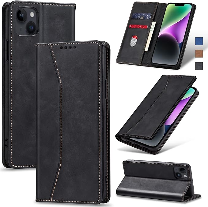 Jasonyu Flip Wallet Case for iPhone 14 Plus 5G,Leather Magnetic Folio Cover with Card Holder,Kickstand - TPU Shockproof Durable Protective Phone Case,Black