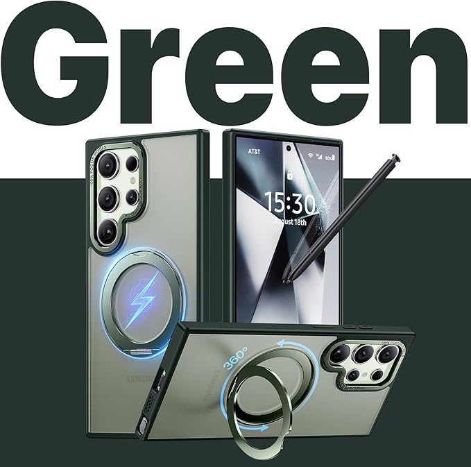 QTlier Phone case for Galaxy S24 Ultra- 360 Rotatable Magnetic Ring Stand, Military-Grade Protection, Raised Camera Frame Green