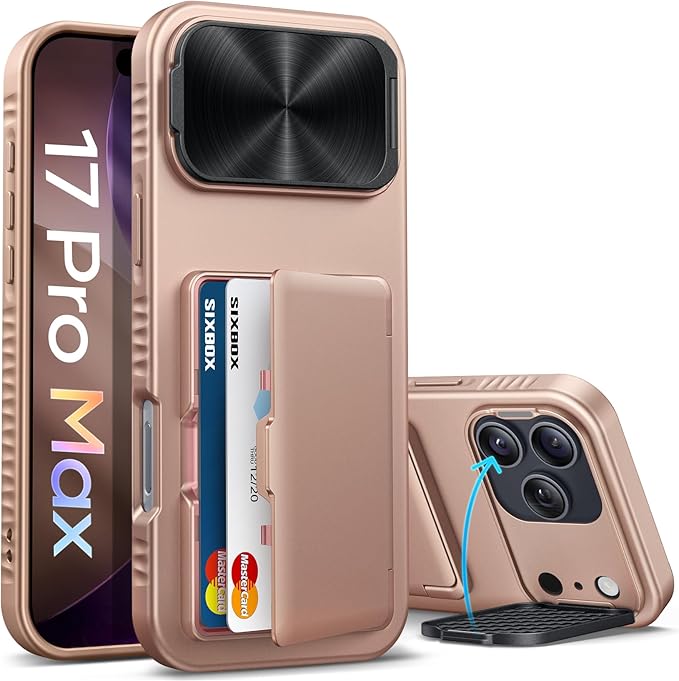 for iPhone 17 Pro Max Case with Card Holder & Stand & Camera Cover, Military Grade Drop Protection Hard Rugged Multifunctional Wallet Protective Phone Case for iPhone 17 Pro Max, Rose Gold