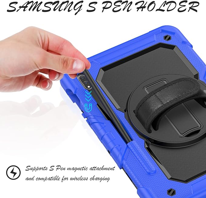 Case for Samsung Galaxy Tab S8/S7 11-inch 5G Tablet Case 2022/2020 [with Tempered Glass Screen Protector], 360° Rotating Kickstand/Hand & Shoulder Strap/S Pen Holder (Blue)