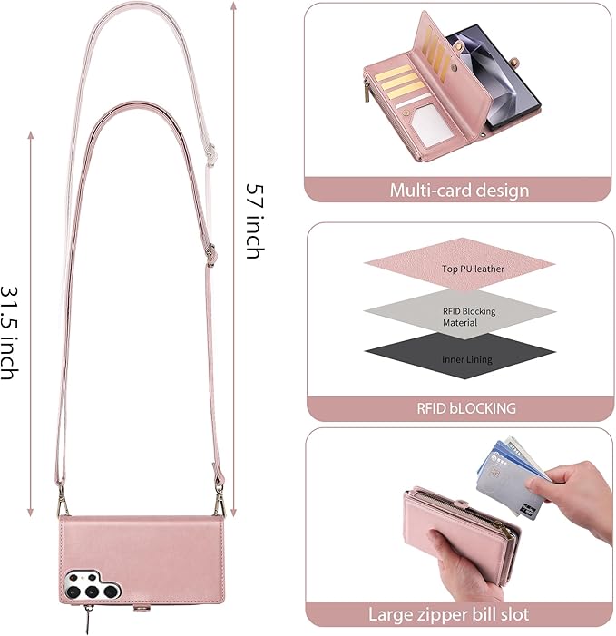 MInCYB for Samsung Galaxy S24 Ultra Case, Galaxy S24 Ultra Wallet Case with Card Holder (12+ Card Slots) - PU Leather Case for Women & Men, Wireless Charging, Detachable Magnetic Phone Cover. Pink