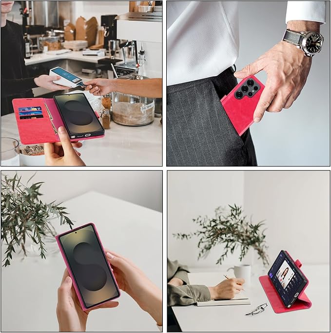 MONASAY Wallet Case Fit for Samsung Galaxy S25 Ultra 6.9 inch, [Lens & Glass Screen Protector Included] [RFID Blocking] Flip Folio Leather Cell Phone Cover with Credit Card Holder, Hot-Pink