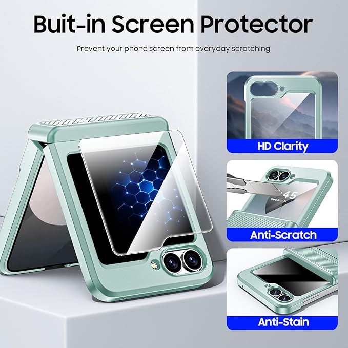 CENMASO for Samsung Galaxy Z Flip 6 Case/Z Flip 7 FE Case with Card Holder [RFID Blocking] & Hinge Protection & Screen Protector, Full-Body Shockproof Phone Case for Z Flip 6/Z Flip 7 FE-Mint Green
