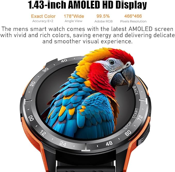 VIRAN Smart Watches for Men, 1.43'' AMOLED Fitness Watch with Pedometer and Heart Rate/Sleep/BP/Spo2 Monitor, Military Smart Watch for Android Phones and iPhone Compatible, 120+ Sports Modes (Orange)